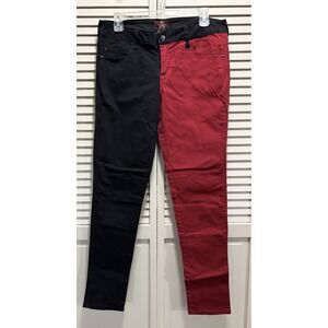 Royal Bones Color Block Red/Black Zip Mid Rise Denim Jeans Size 7 Logo EUC